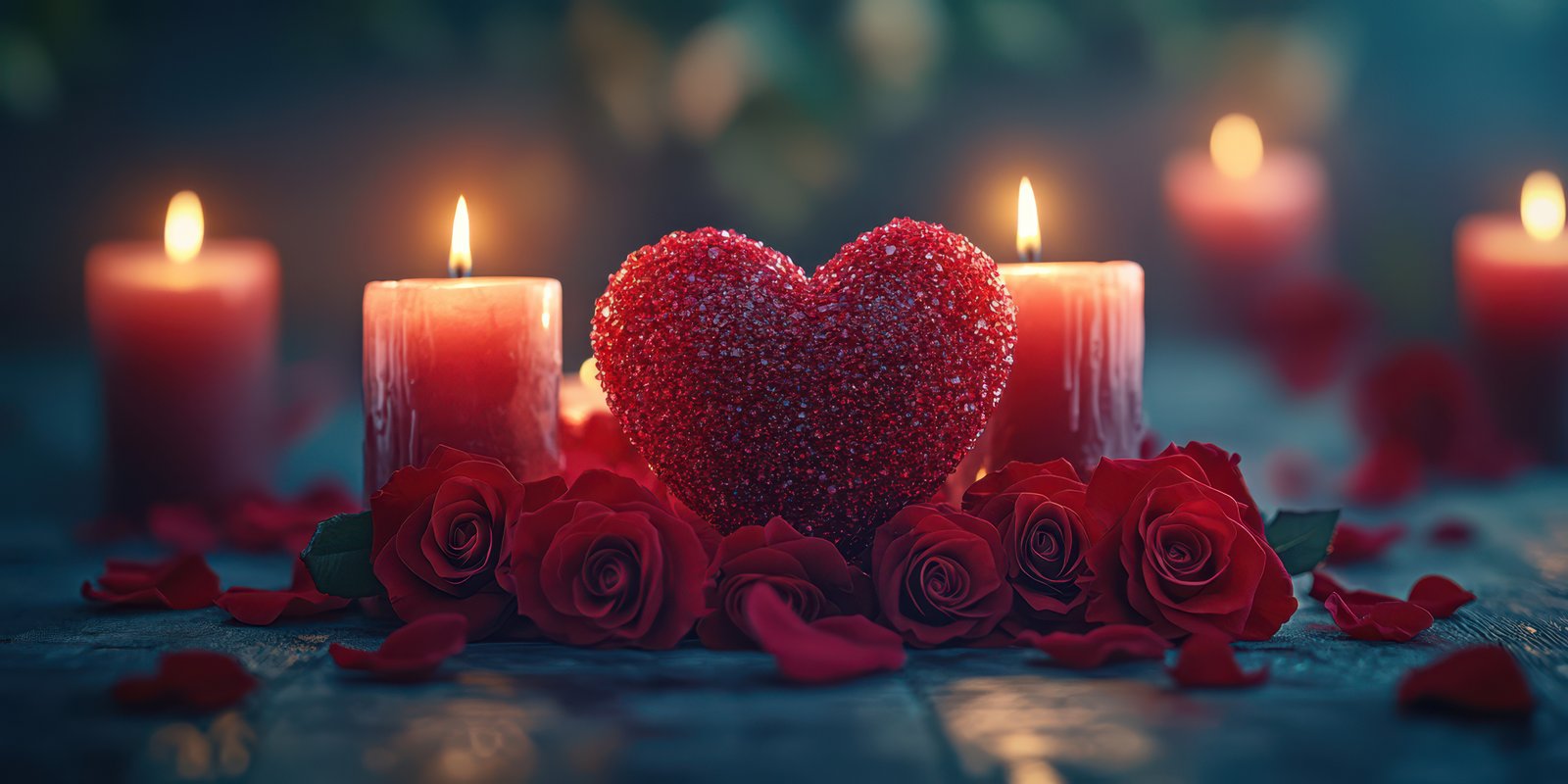 Romantic heart centerpiece surrounded by red roses and candles for a special evening celebration